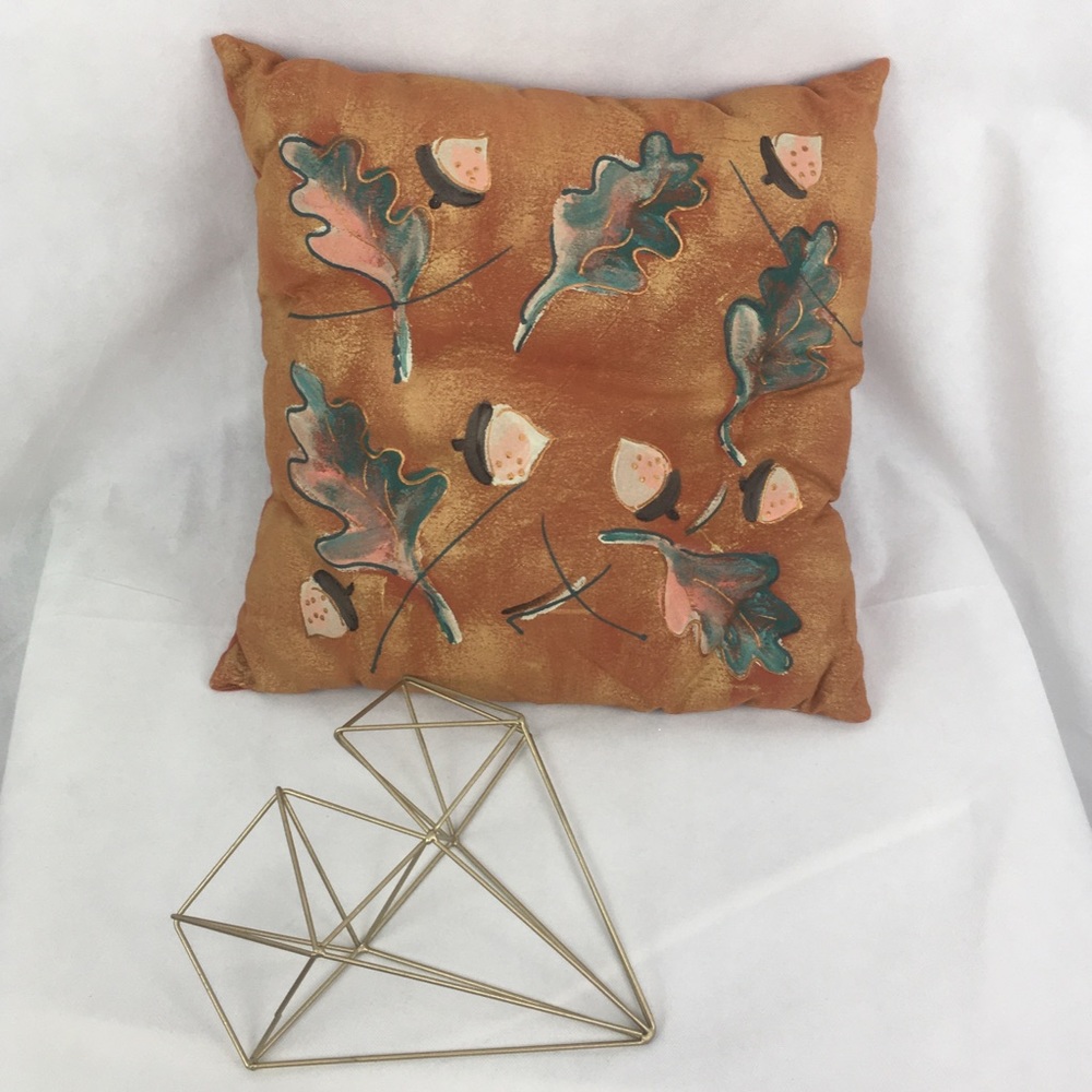 Acorn & Leaves Coral Aqua & Copper Hand Painted Accent Pillow